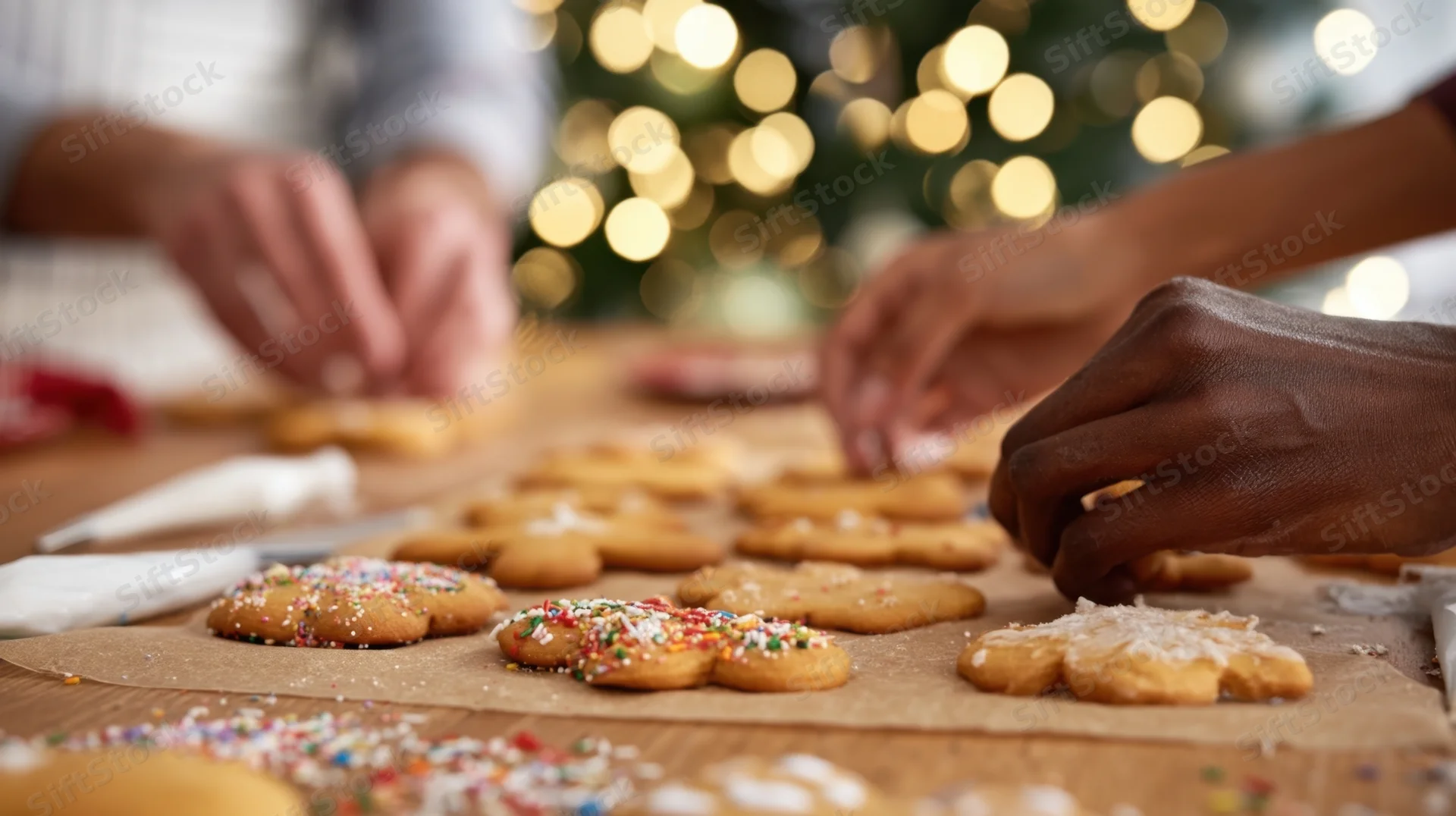Hands decorating cookies on a wooden table with holiday lights in the background