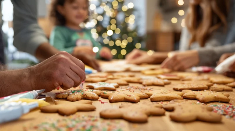 Family decorating gingerbread cookies on a kitchen table with christmas lights in the background