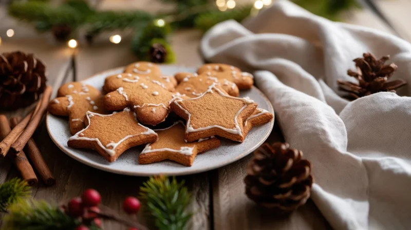 Gingerbread cookies shaped as stars and trees on a plate surrounded by pinecones, cinnamon sticks, and holiday lights on a wooden table