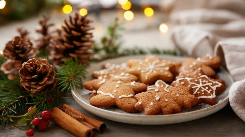 Gingerbread cookies decorated with white icing on a plate surrounded by pinecones, cinnamon sticks, and evergreen branches on a wooden table with festive lights in the background