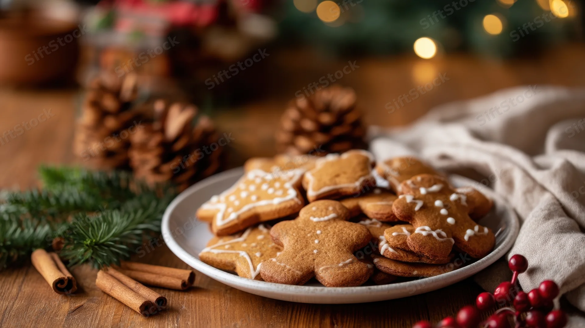 Plate of decorated gingerbread cookies on wooden table with pinecones and holiday lights