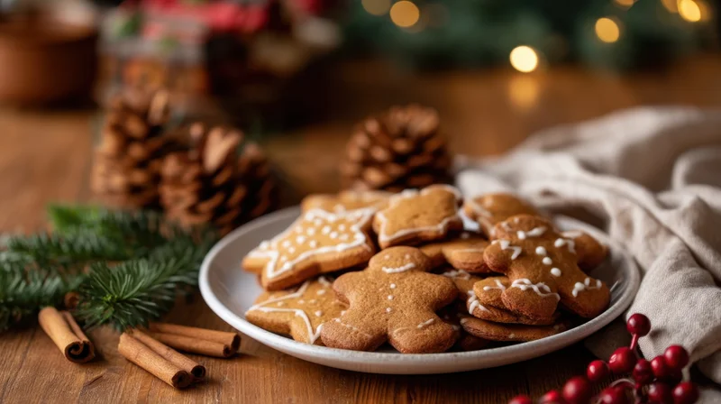 Plate of decorated gingerbread cookies on wooden table with pinecones and holiday lights
