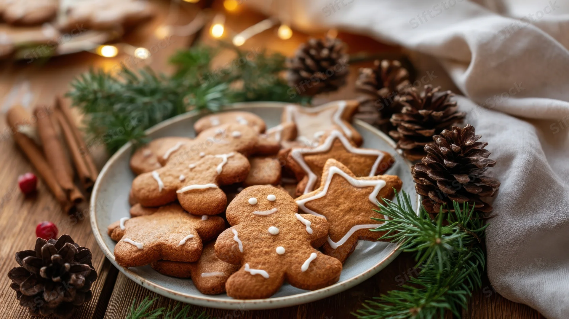 Gingerbread cookies decorated with white icing on a plate surrounded by pinecones and evergreen branches on a wooden table with festive lights and cinnamon sticks nearby