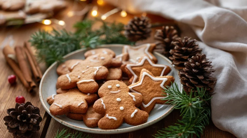 Gingerbread cookies decorated with white icing on a plate surrounded by pinecones and evergreen branches on a wooden table with festive lights and cinnamon sticks nearby
