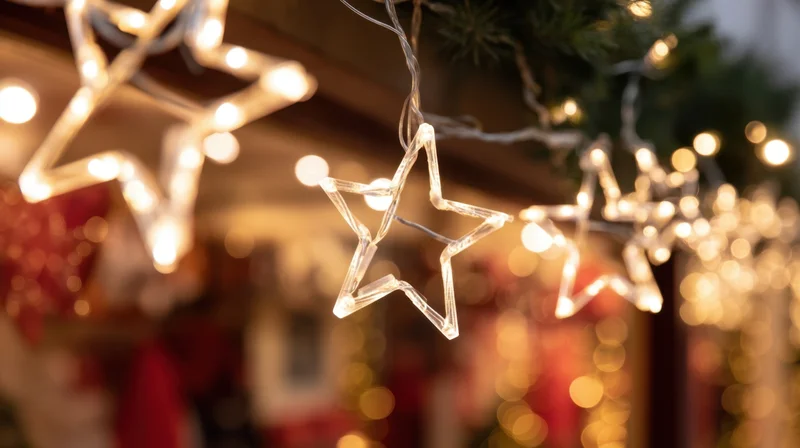 Star-shaped led lights glowing on a holiday decoration with blurred festive background