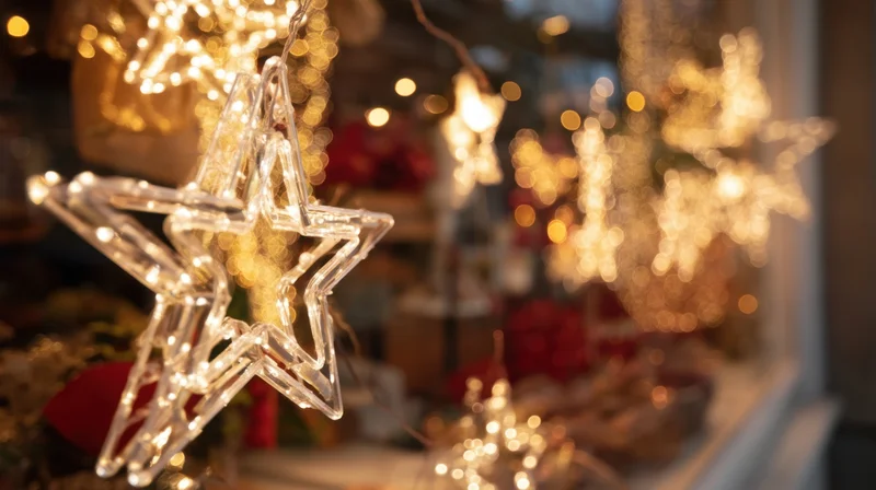 Glowing star-shaped lights in a festive holiday display in a shop window