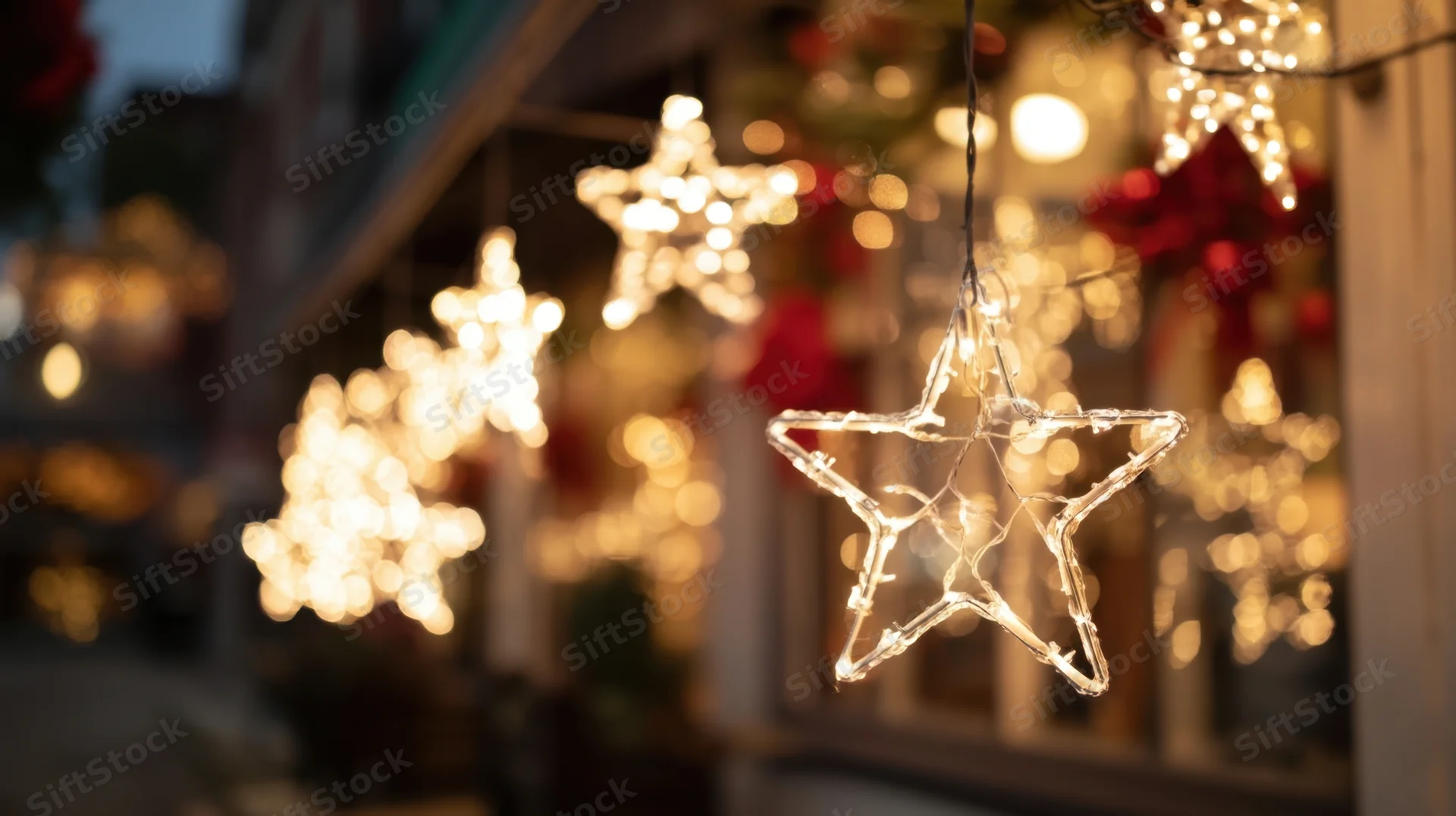 Star-shaped lights glowing in a festive holiday storefront window display at evening