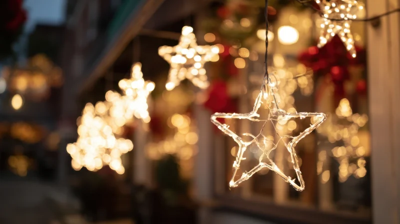 Star-shaped lights glowing in a festive holiday storefront window display at evening