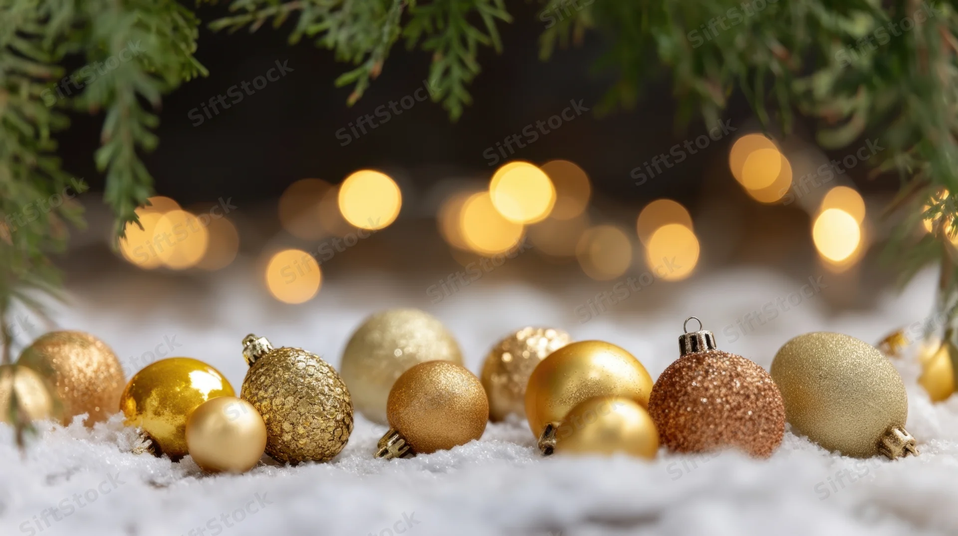 Gold and glittery ornaments resting in snow beneath pine branches with warm bokeh lights in background