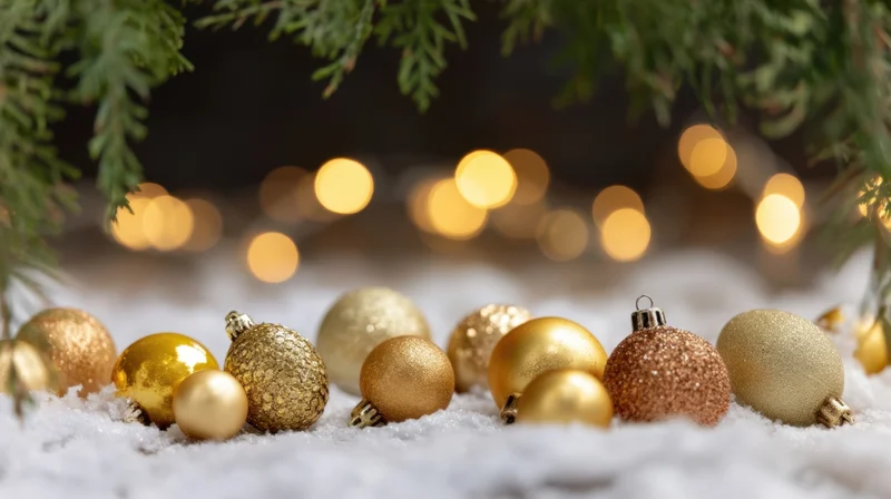 Gold and glittery ornaments resting in snow beneath pine branches with warm bokeh lights in background