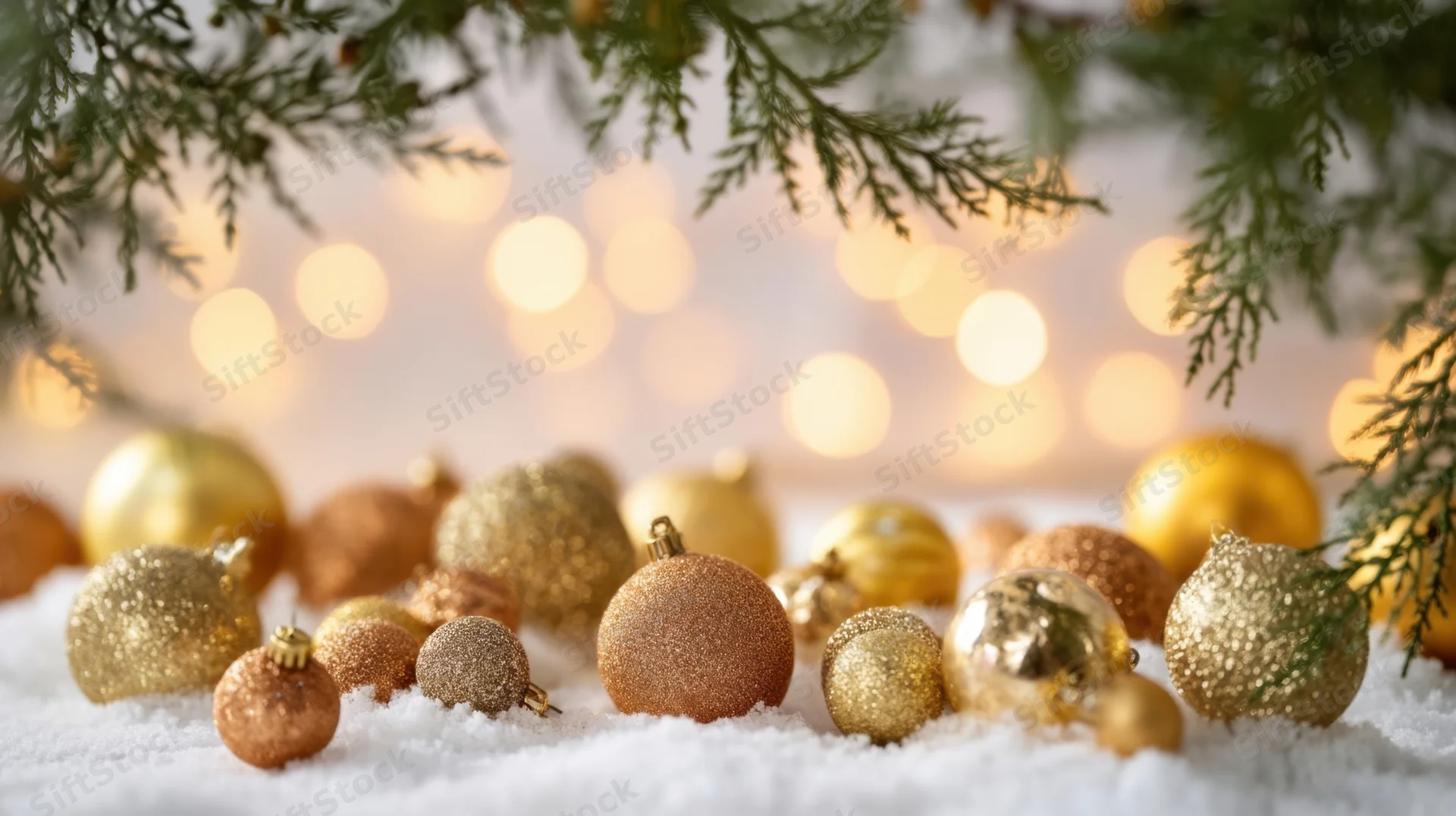 Gold and glittery ornaments scattered on snow beneath evergreen branches with warm bokeh lights in the background