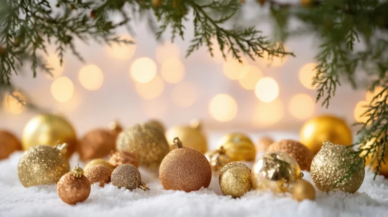 Gold and glittery ornaments scattered on snow beneath evergreen branches with warm bokeh lights in the background