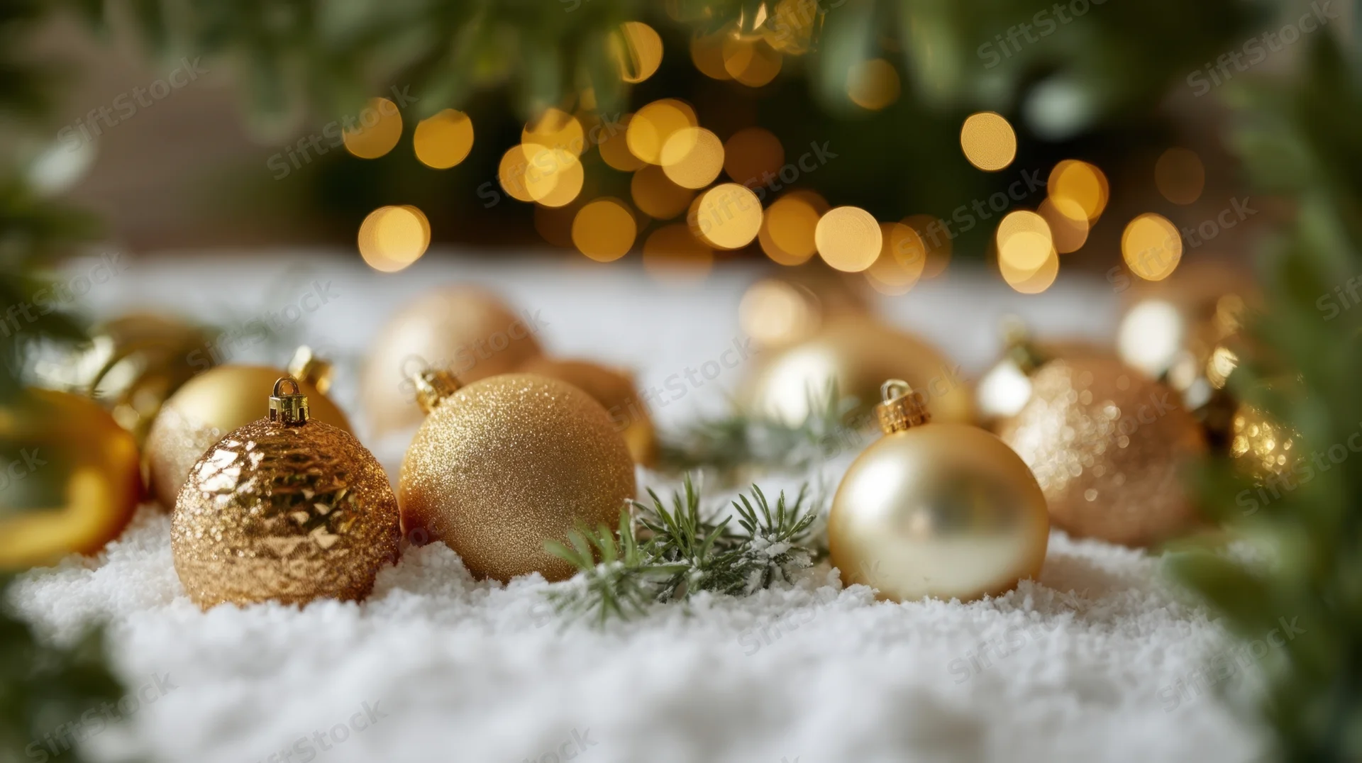 Gold and glittery christmas ornaments arranged on snow under pine branches with warm bokeh lights in background