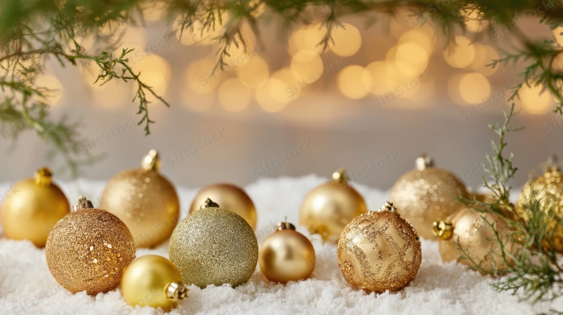 Gold and glittery christmas ornaments resting on snow beneath evergreen branches with warm bokeh lights in the background