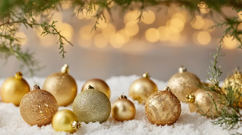 Gold and glittery christmas ornaments resting on snow beneath evergreen branches with warm bokeh lights in the background