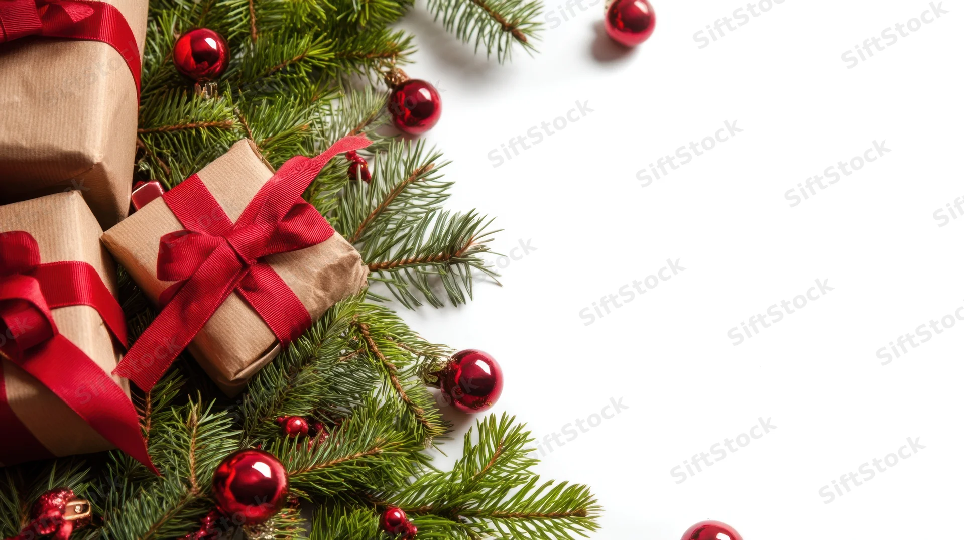 Wrapped gifts with red ribbons and pine branches arranged on white surface
