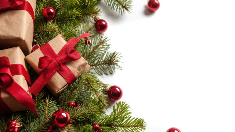 Wrapped gifts with red ribbons and pine branches arranged on white surface