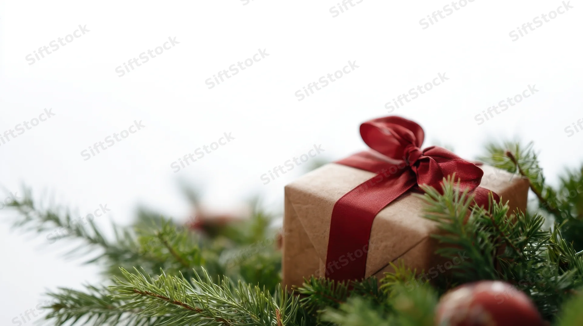 Gift box wrapped in brown paper with red ribbon nestled among pine branches on white background
