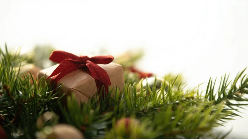 Gift box wrapped in brown paper with red ribbon nestled among pine branches in a holiday wreath