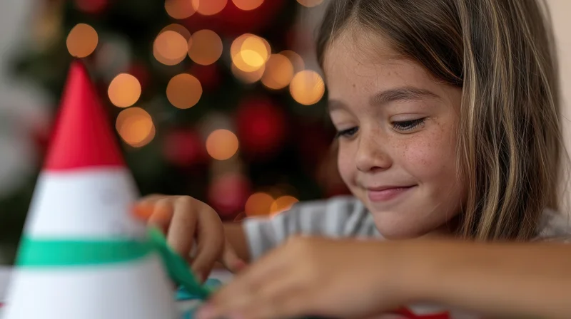 Girl smiling while crafting a snowman decoration indoors with christmas lights in the background