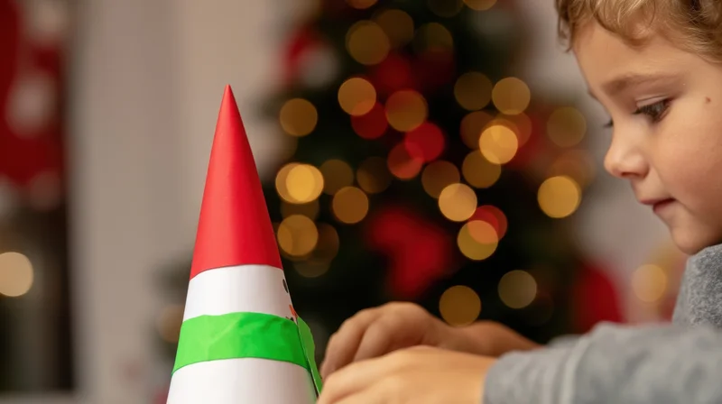 Young child crafting a paper snowman decoration indoors near a lit christmas tree