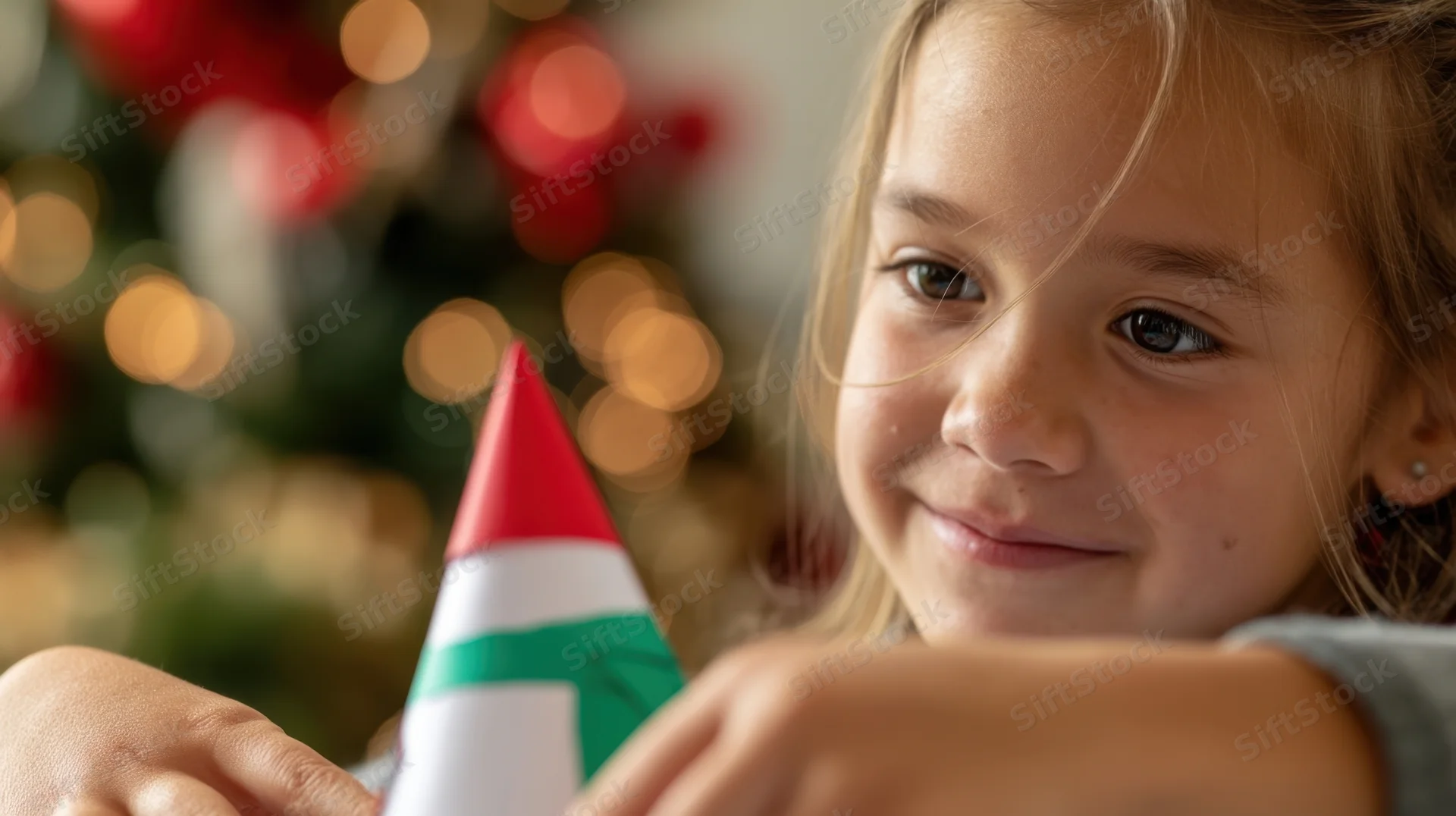 Young girl smiling while holding a red white and green paper cone craft in front of a blurred christmas tree with warm lights