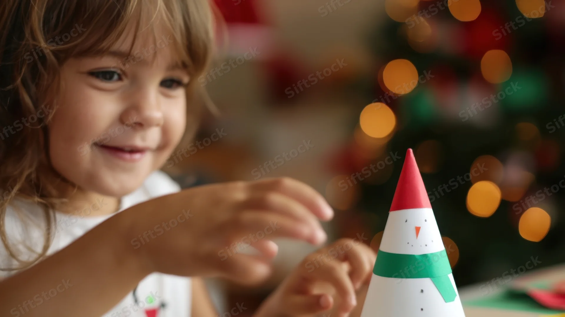 Young girl smiling while making a paper snowman craft at a table near a decorated christmas tree