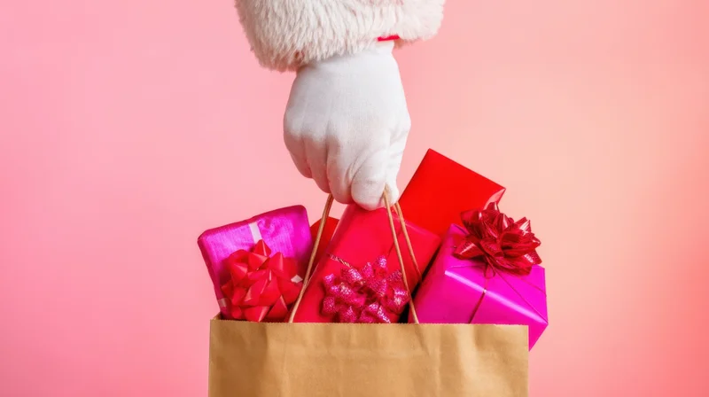 Santa's gloved hand holding a bag filled with wrapped gifts against a pink background