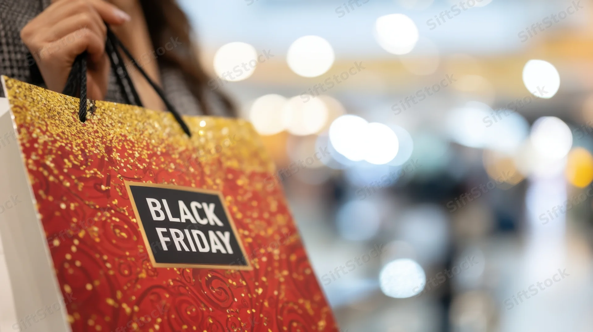 Woman holding a red and gold glittery shopping bag with black friday label in a brightly lit store interior