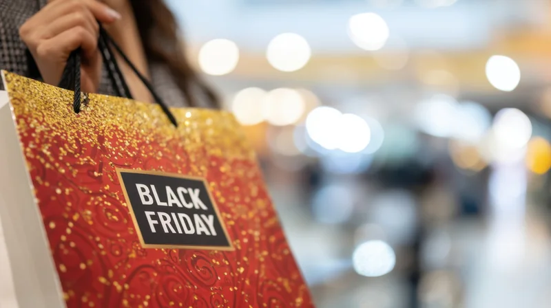 Woman holding a red and gold glittery shopping bag with black friday label in a brightly lit store interior