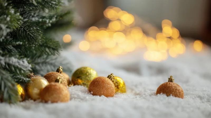 Golden christmas ornaments resting in snow beside a pine tree with blurred warm lights in the background