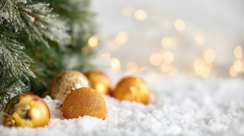 Golden christmas ornaments resting in snow beside a pine tree with blurred holiday lights in the background