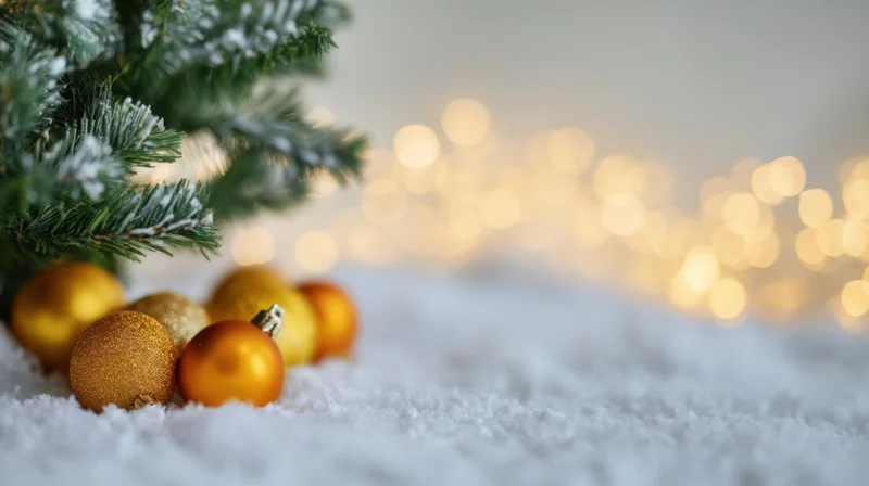 Golden christmas ornaments resting in snow beside a pine tree with blurred lights in the background