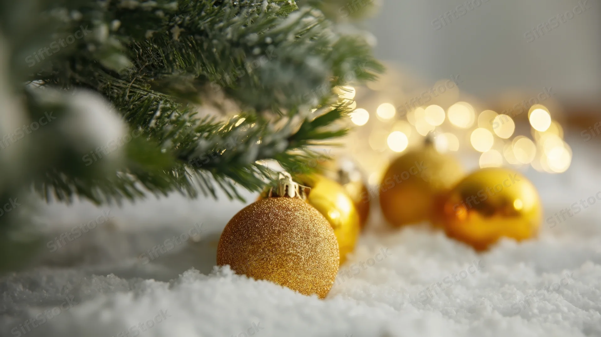 Golden christmas ornaments resting in snow beneath a pine tree branch with blurred lights in background