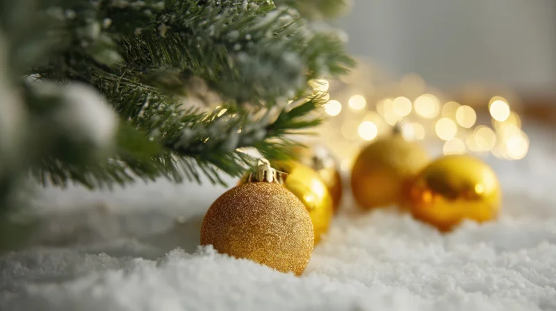Golden christmas ornaments resting in snow beneath a pine tree branch with blurred lights in background