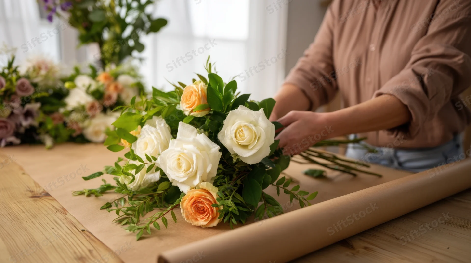 Woman arranging a bouquet of white and peach roses with greenery on a wooden table in a bright workspace