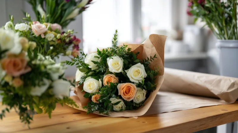Hand-assembled bouquet of white and peach roses with greenery wrapped in kraft paper on wooden table in florist workshop
