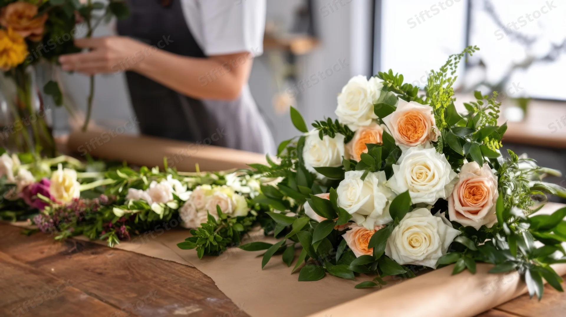 Hand-assembled bouquet of white and peach roses with greenery on a wooden table in a florist's workspace