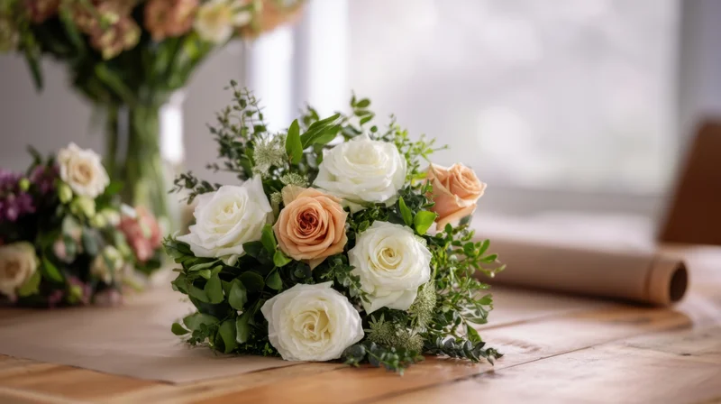 Hand-assembled bouquet of white and peach roses with greenery on wooden table in florist workspace