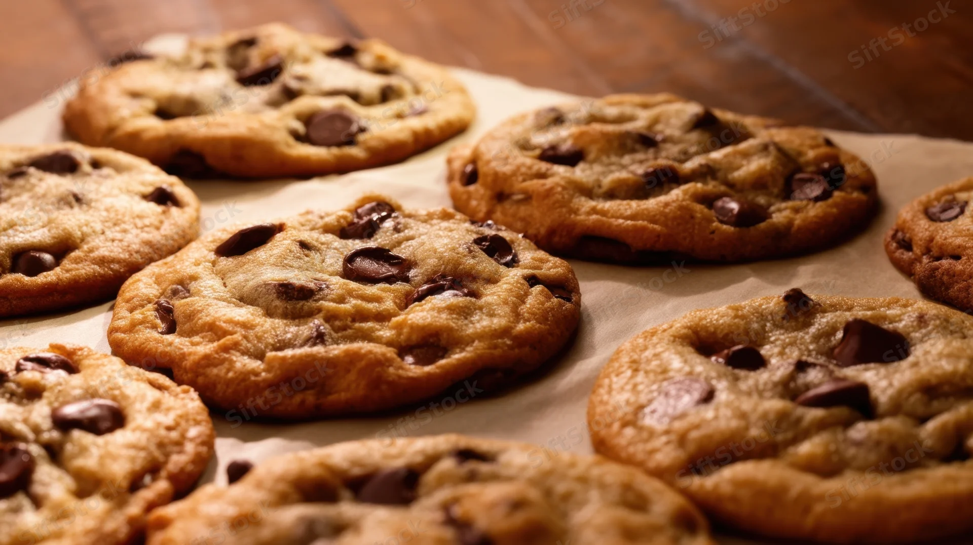Freshly baked chocolate chip cookies arranged on parchment paper on a wooden table