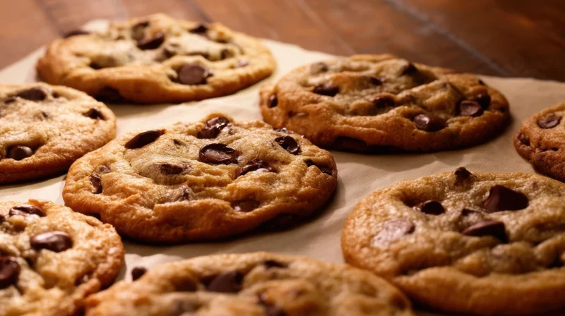 Freshly baked chocolate chip cookies arranged on parchment paper on a wooden table