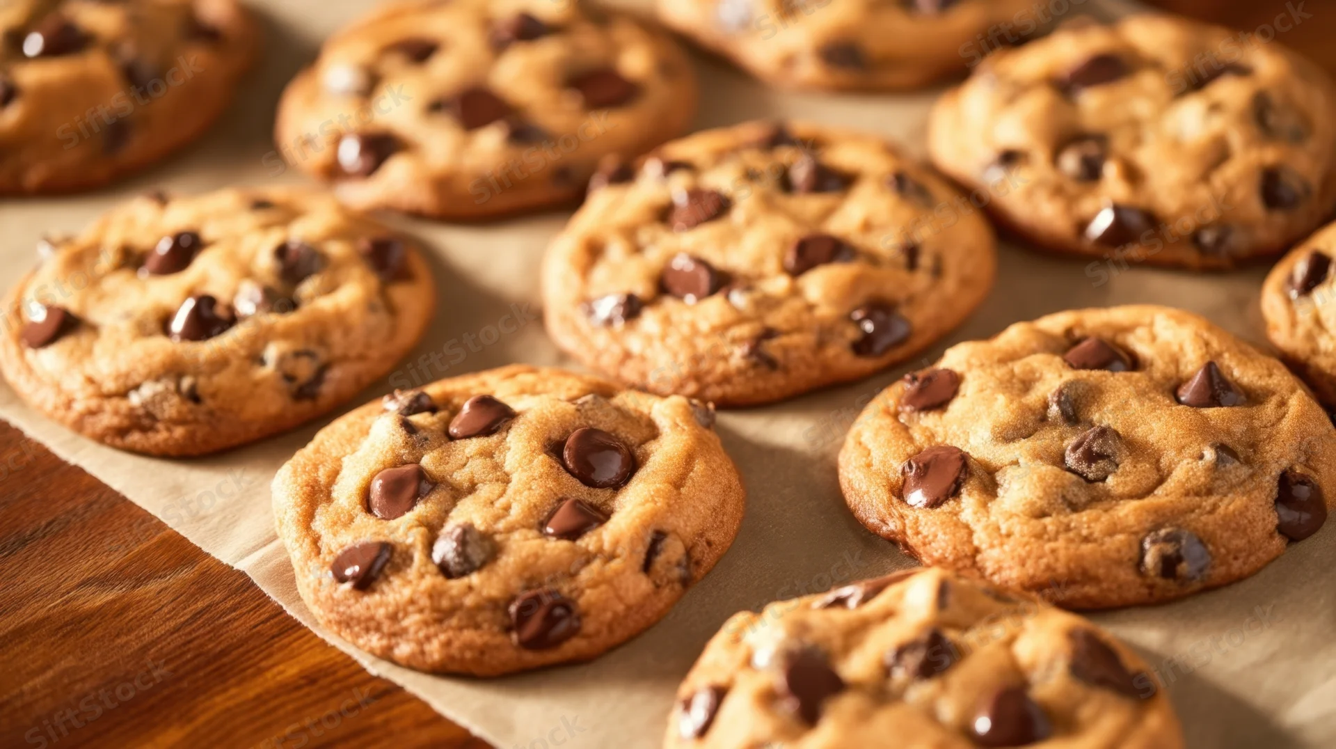 Freshly baked chocolate chip cookies arranged on parchment paper on a wooden table