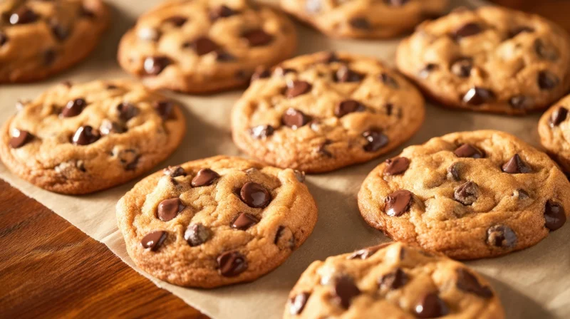 Chocolate Chip Cookies Freshly Baked on Parchment Paper with Melted Chocolate Chips