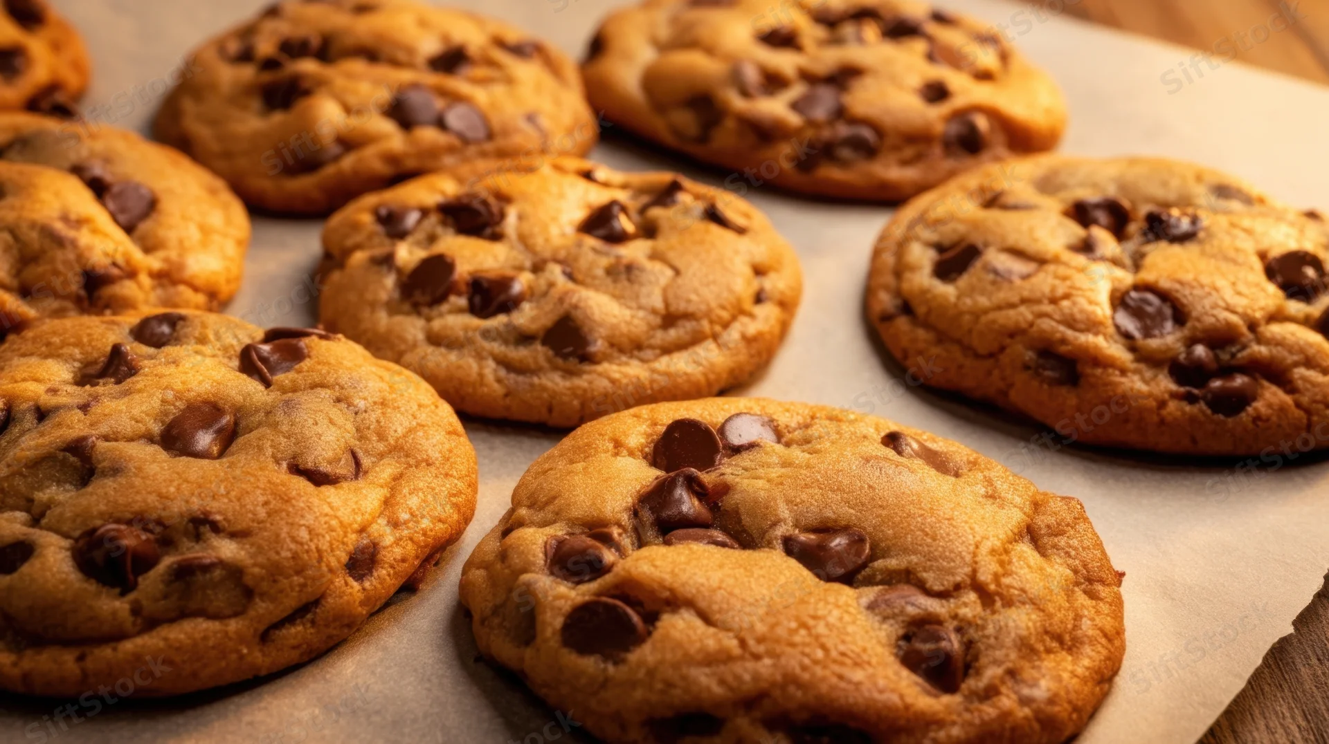 Freshly baked chocolate chip cookies arranged on parchment paper on a wooden surface