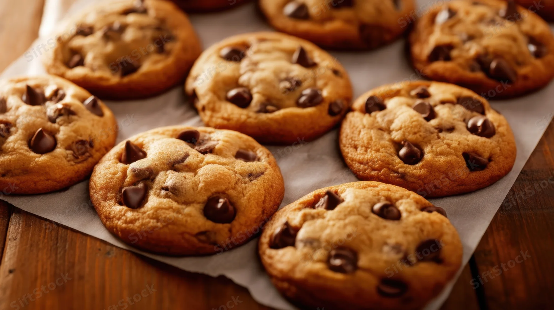 Freshly baked chocolate chip cookies arranged on parchment paper on a wooden table