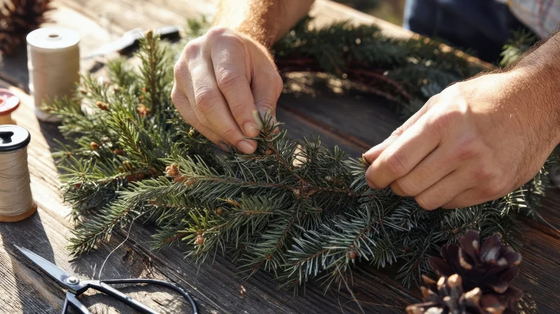 Hands arranging fresh evergreen branches on a wooden table to make a wreath