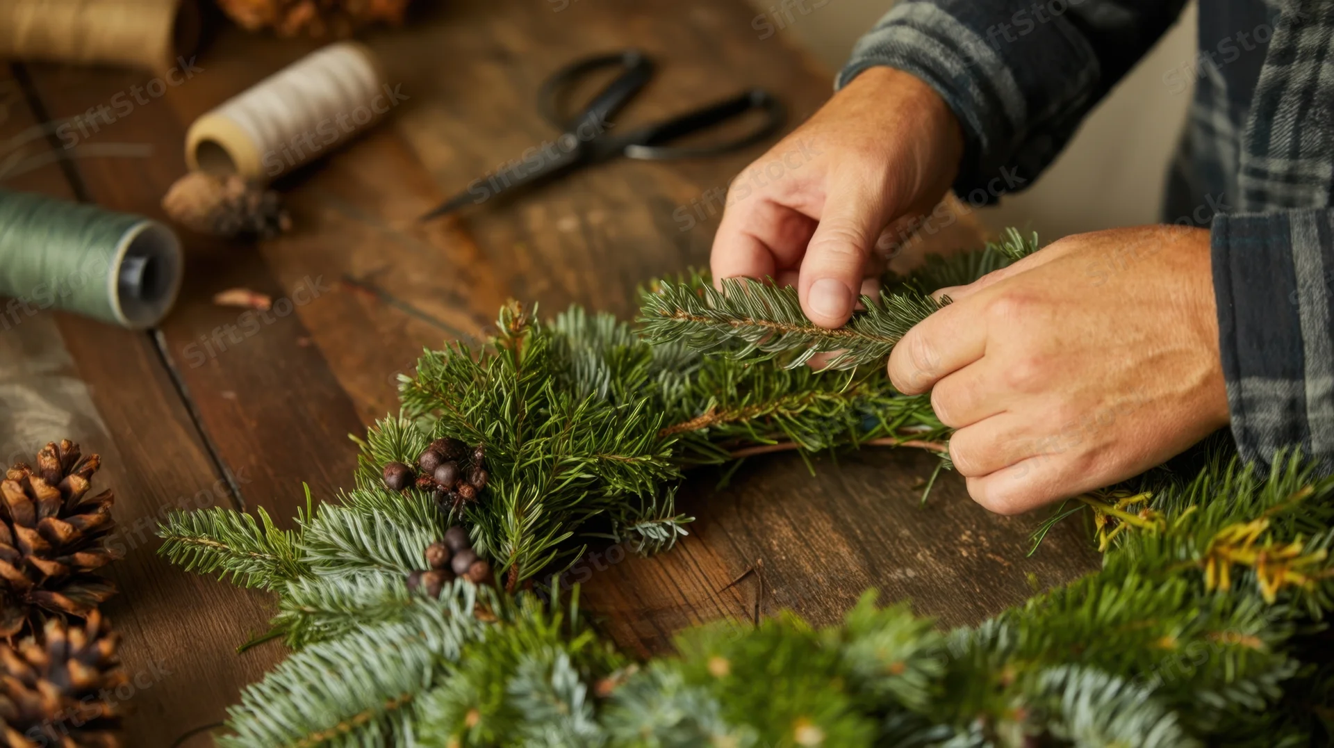 Hands arranging fresh evergreen branches and pinecones on a wooden table to make a christmas wreath