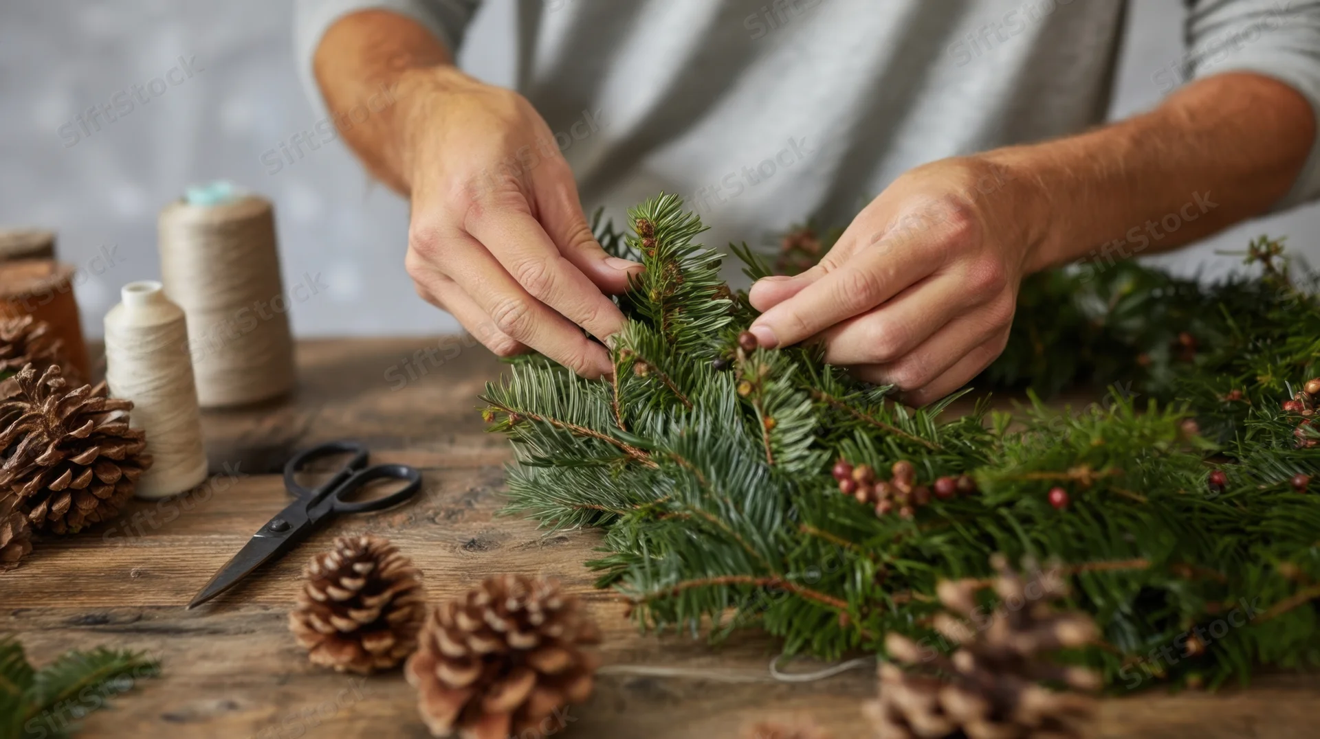 Hands arranging evergreen branches and pinecones on a wooden table to make a christmas wreath