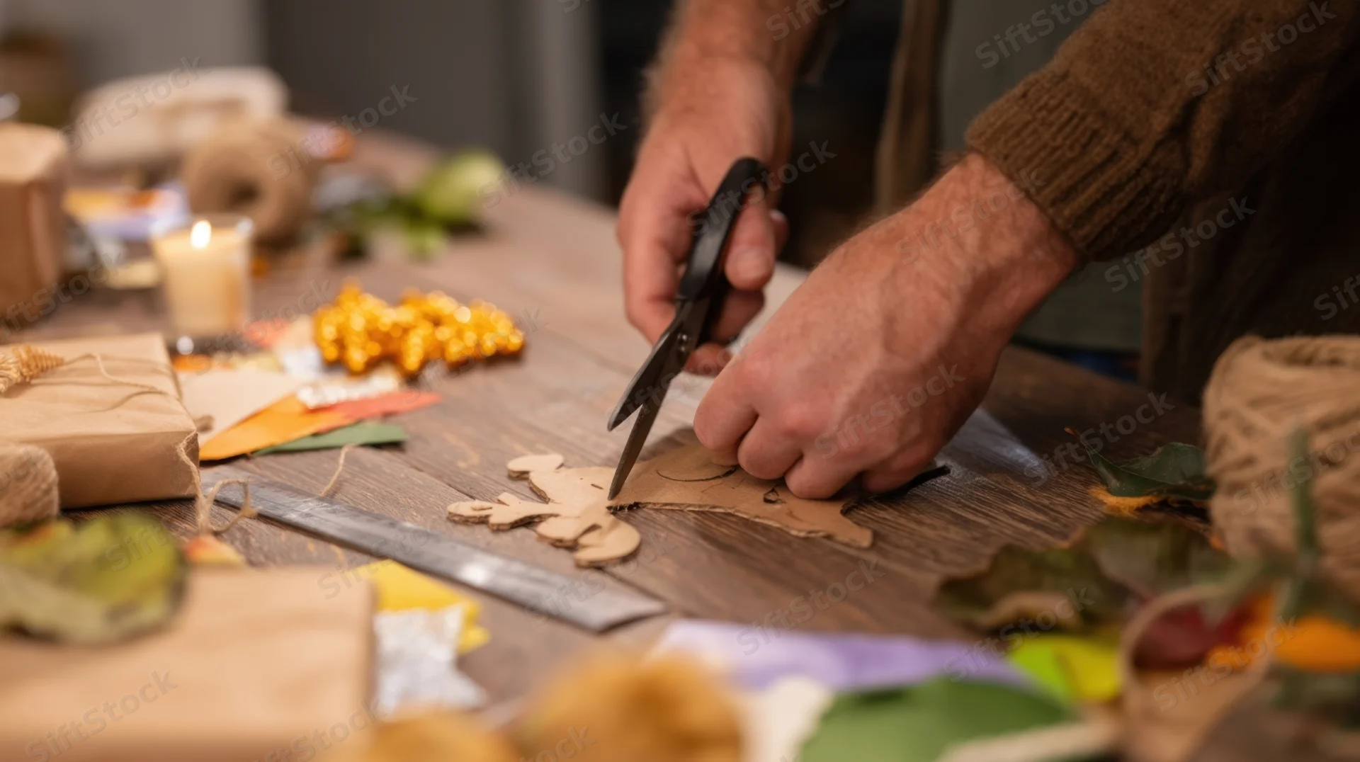 Hands cutting cardboard shapes on a wooden table surrounded by autumn craft supplies