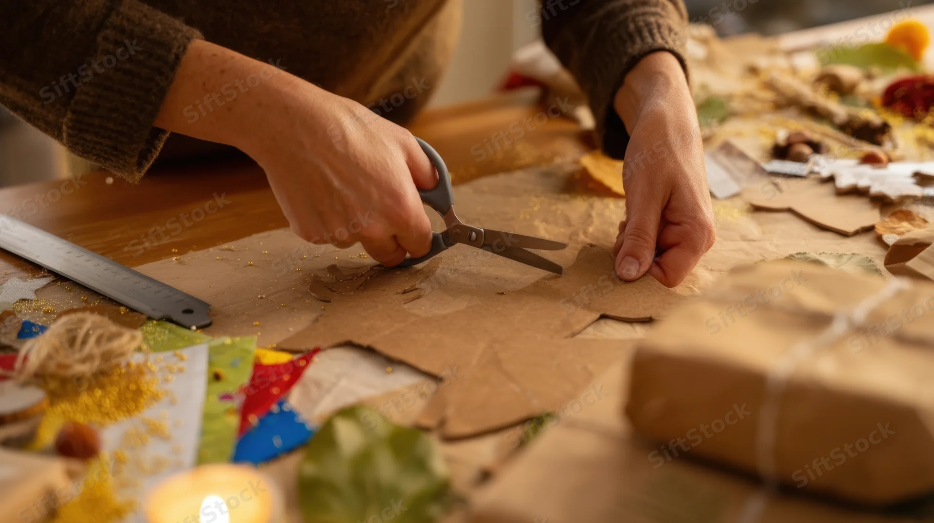 Hands cutting cardboard shape on a crafting table with tools and decorations around